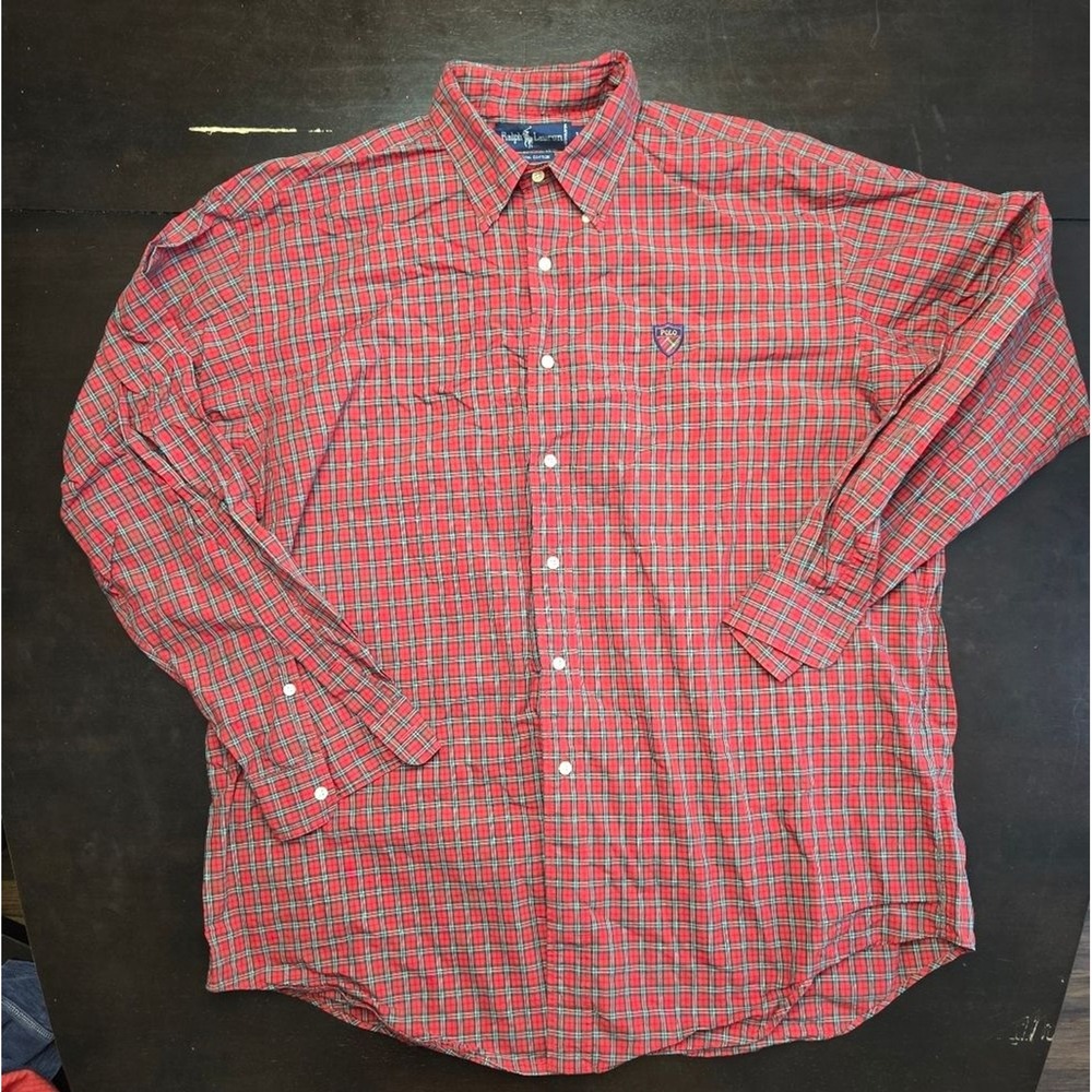 Ralph Lauren Mens Red Plaid Button Down Shirt Polo Crest Shield Logo Cotton L